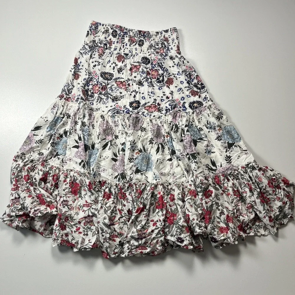 Premise Tiered Floral Midi Skirt Sz S Smocked Waist Boho 100% Rayon Fit & Flair‎